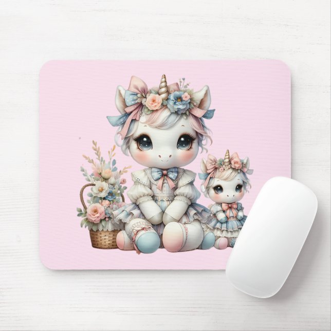 Pastel Kawaii Unicorn Mother Daughter Duo Pink Mouse Pad (With Mouse)