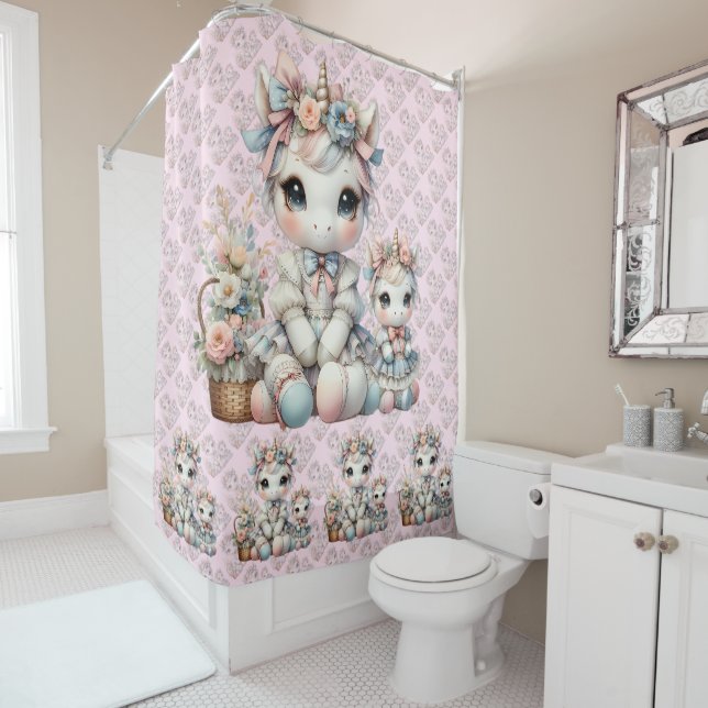 Pastel Kawaii Unicorn Mother Daughter Duo Pink Shower Curtain (In Situ)