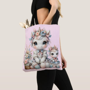 Pastel Kawaii Unicorn Mother Daughter Duo Pink Tote Bag