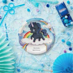 Pastel Kids Black Unicorn Birthday Paper Plate