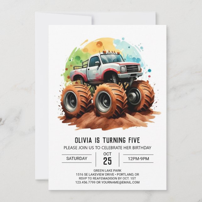 Pastel Kids' Monster Truck Birthday Invitation (Front)