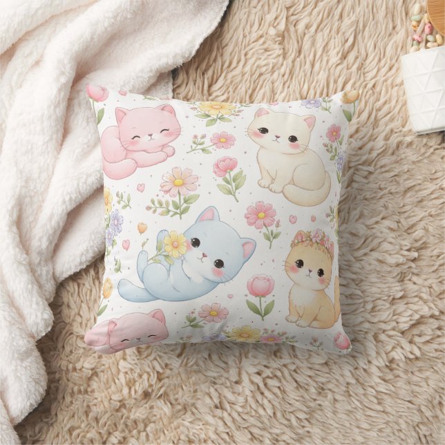 Pastel Kitten and Floral Pattern Throw Pillow (Blanket)