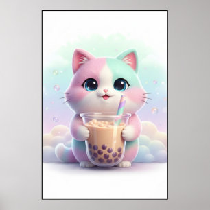 Pastel Kitty with Bubble Tea Art Poster