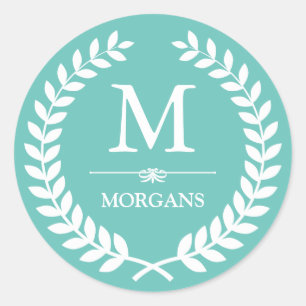 Pastel Laurel Wreath Decor Teal Blue Monogram Classic Round Sticker