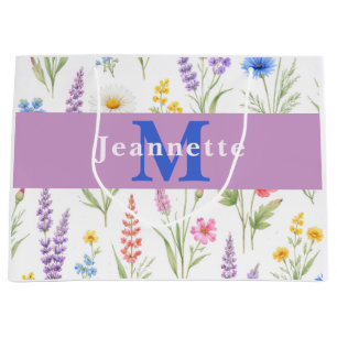 Pastel Lavender Blue Salmon Pink Wildflower Name Large Gift Bag