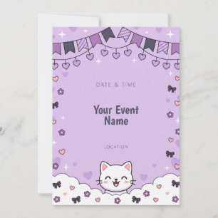 Pastel Lavender Cartoon Cat Cloud Invitation