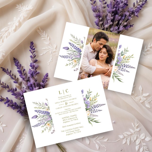 Pastel Lavender Flowers & Greenery Elegant Spring  Invitation (Pastel Lavender Flowers & Greenery Elegant Spring Photo Wedding Invitations Cards.)