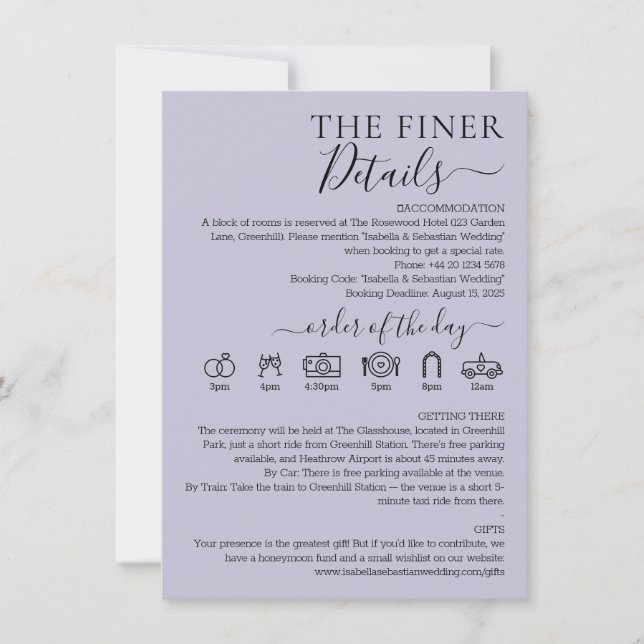 Pastel Lavender Lilac Wedding Finer Details Invitation (Front)