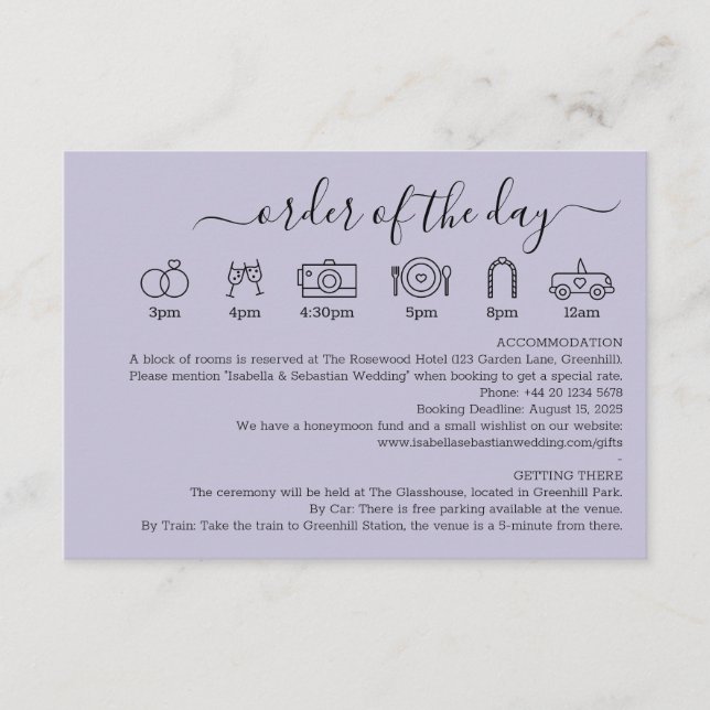 Pastel Lavender LiWedding Details Order Of The Day Enclosure Card (Front)