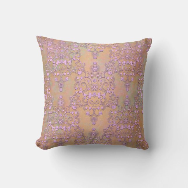 Pastel Lavender over Peachy Gold Lace Damask Cushion (Front)