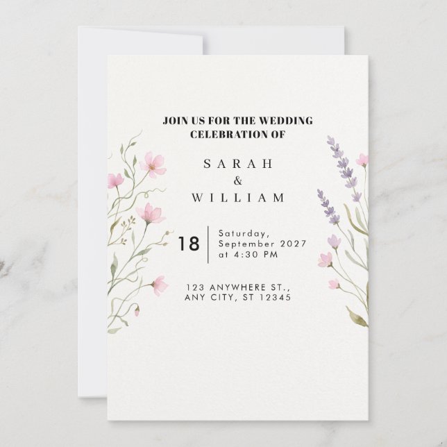 Pastel Lavender Pink Wildflower Wedding Invitation (Front)