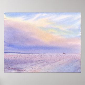 Pastel Lavender Sea and Small Sailboat Watercolor Poster