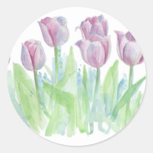 Pastel Lavender Tulips Flower Watercolor Art Classic Round Sticker