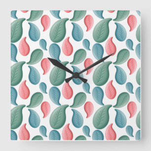 Pastel Leaf Pattern Blue Pink Sage Green Square Wall Clock