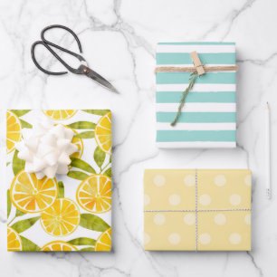 Pastel Lemon Fun Stripes Dots Fruit Summer Wrapping Paper Sheet