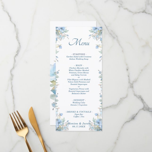 Pastel Light Blue Roses Floral Wedding Menu (Front/Back In Situ)
