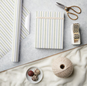 Pastel Light Blue Sage Green Beige Stripe Boho Wrapping Paper