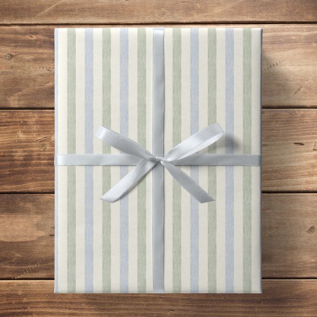 Pastel Light Blue Sage Green Beige Stripe Boho Wrapping Paper (Creator Uploaded)