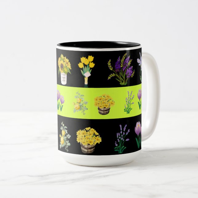 Pastel Light Green and Black Floral Pattern Coffee Two-Tone Coffee Mug (Front Right)