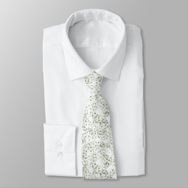Pastel Light Green Floral Vines Pattern Tie (Tied)