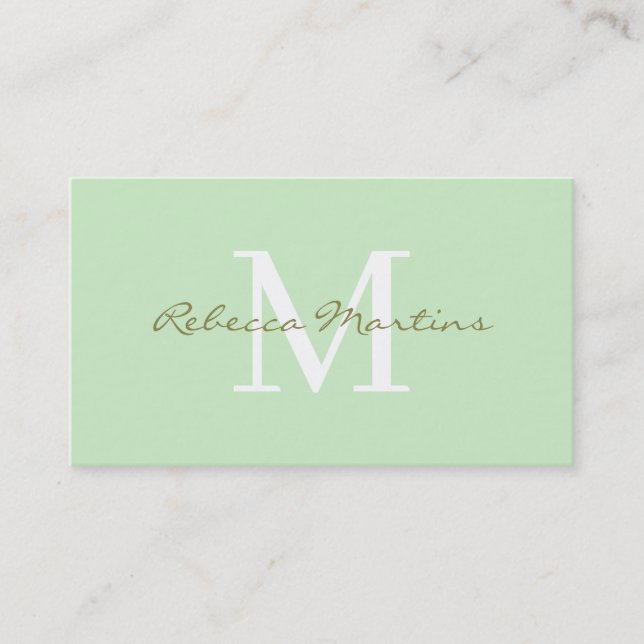 Pastel light green minimalist monogram business card (Front)