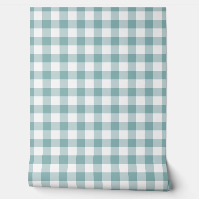 Pastel Light Teal Gingham Check Buffalo Plaid Wallpaper (Unrolling)
