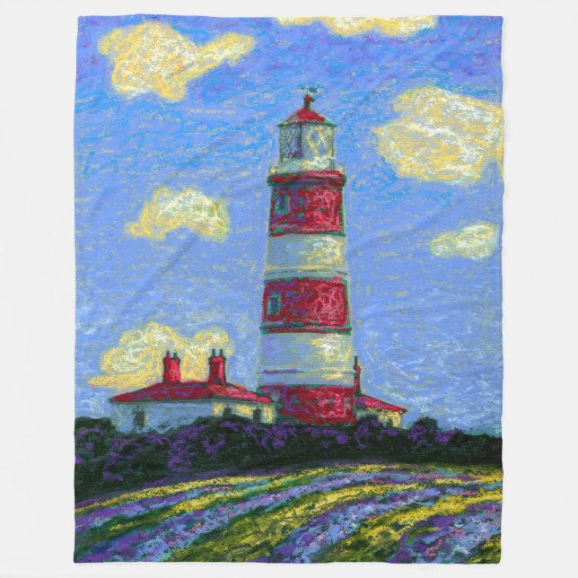 Pastel Lighthouse and Lavender Fields Fleece Blanket (Front)