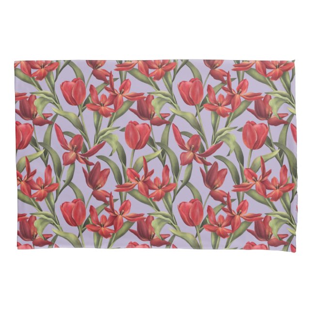 Pastel Lilac background with Red Tulips Pillowcase (Front)