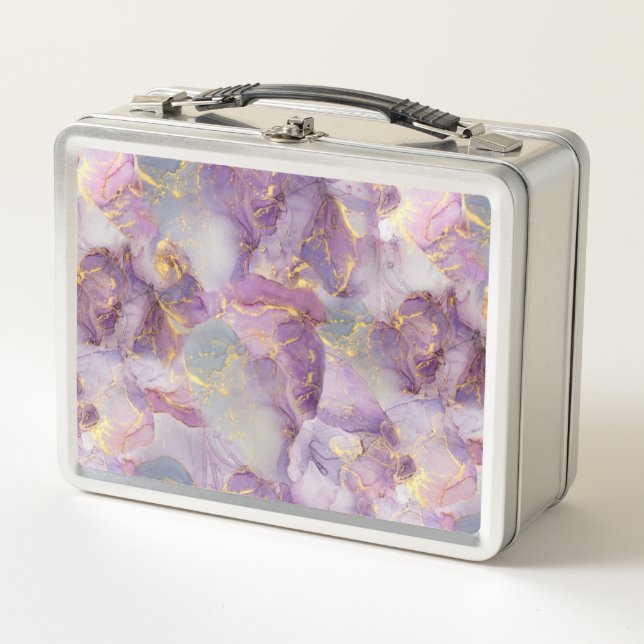 Pastel Lilac, Blue and Gold Glitter Marble Pattern Metal Lunch Box (Front)