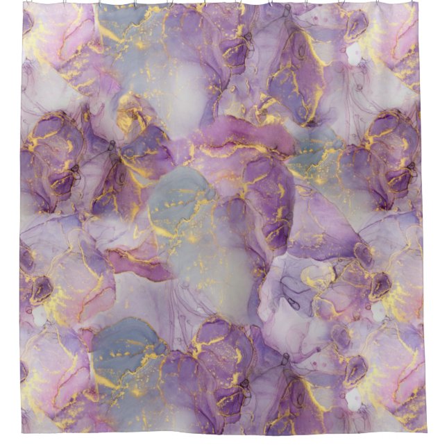 Pastel Lilac, Blue and Gold Glitter Marble Pattern Shower Curtain (Front)
