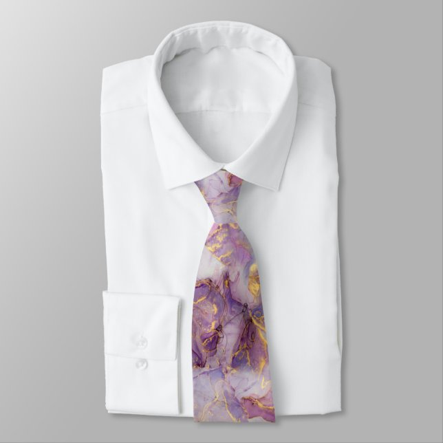 Pastel Lilac, Blue and Gold Glitter Marble Pattern Tie (Tied)