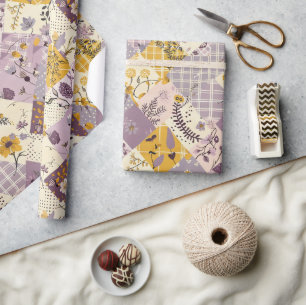 Pastel Lilac Yellow Quilt Gingham Cottagecore  Wrapping Paper