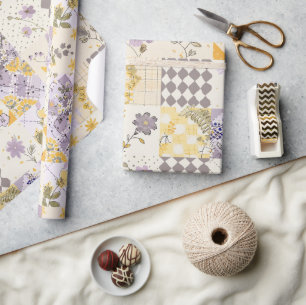 Pastel Lilac Yellow Quilt Gingham Cottagecore  Wrapping Paper