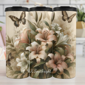 Pastel Lily Bouquet Butterflies Thermal Tumbler