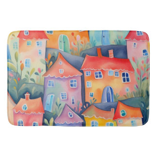 Pastel little houses in soft colour, peaceful colo bath mat