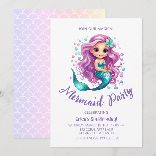 Pastel Little Mermaid Watercolor Girl Birthday Invitation (Front/Back)