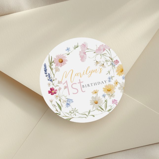 Pastel Little Wildflower Girl 1st Birthday Classic Round Sticker (Creator Uploaded)