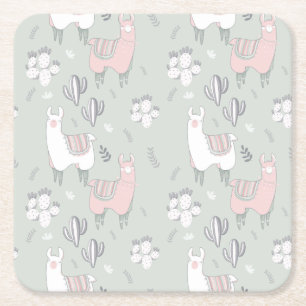 Pastel Llama Pattern Square Paper Coaster