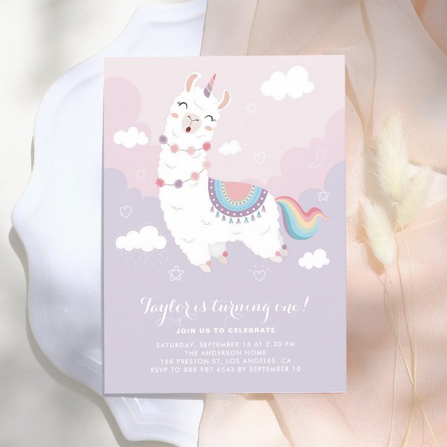 Pastel Llamacorn Rainbow First Birthday Invitation (Creator Uploaded)