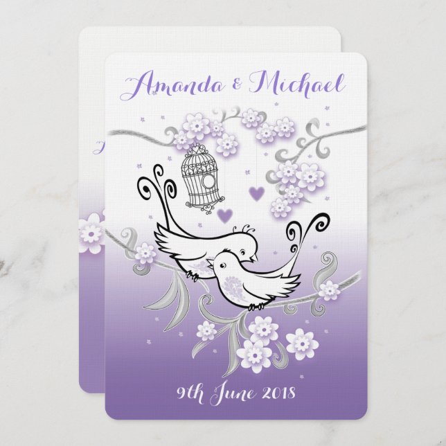 Pastel love birds personalized wedding invite (Front/Back)