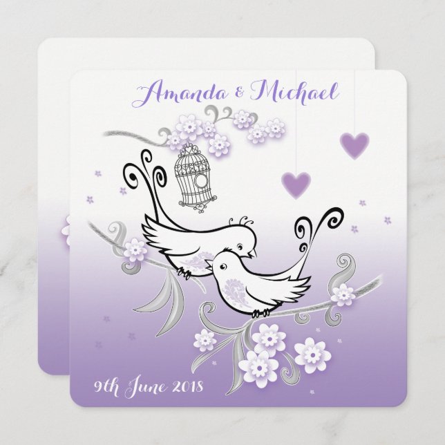 Pastel love birds personalized wedding invite (Front/Back)