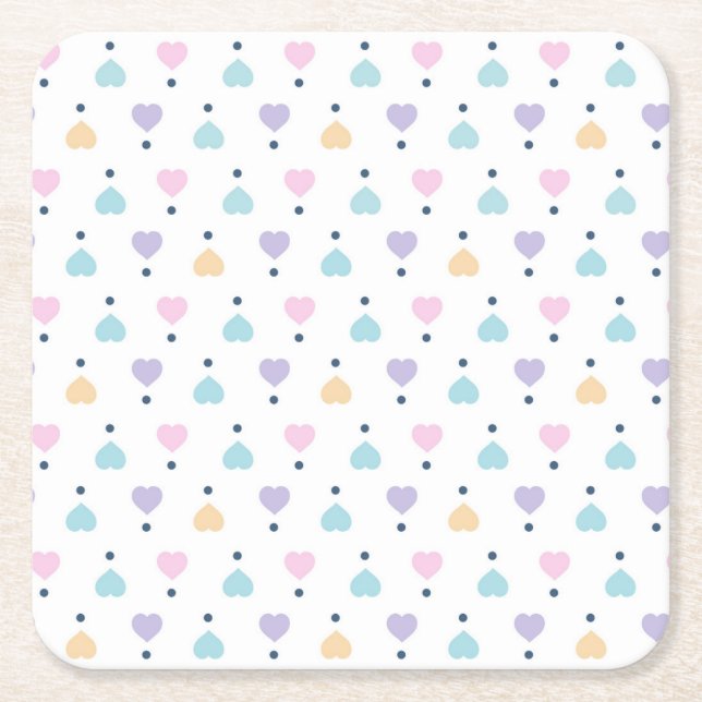 Pastel Love Heart Pattern Square Paper Coaster (Front)