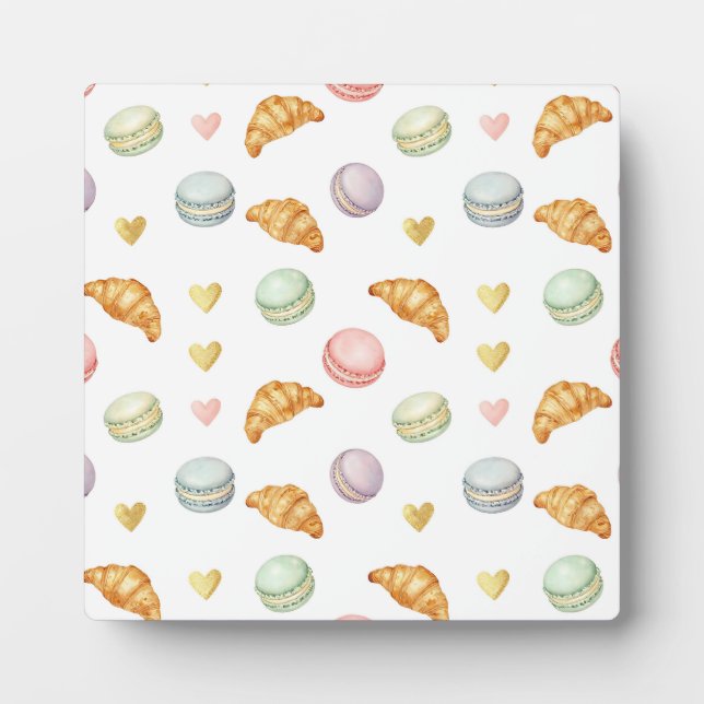 Pastel Macarons and Croissants Seamless Pattern Plaque (Front)