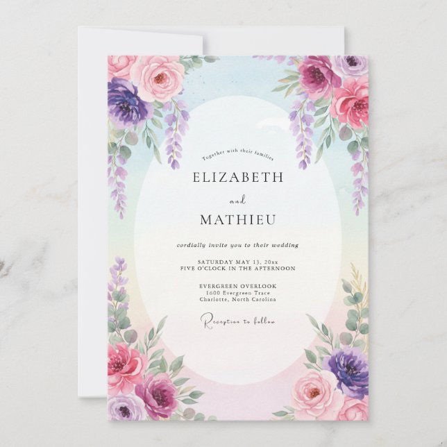 Pastel Magenta Wisteria Wedding Invitation (Front)