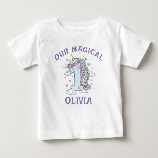 Pastel Magical Unicorn First Birthday Baby T-Shirt (Front)