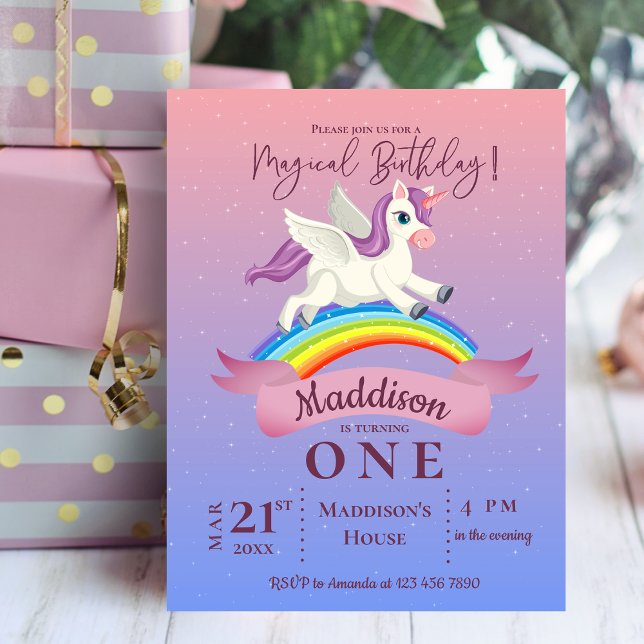 Pastel Magical Unicorn Themed Birthday Invitation Postcard (Pastel Magical Unicorn Themed Birthday Invitation Postcard)