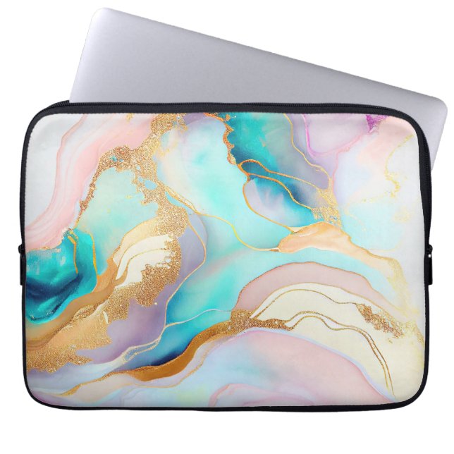 Pastel marble ink abstract glitter art laptop sleeve (Front)
