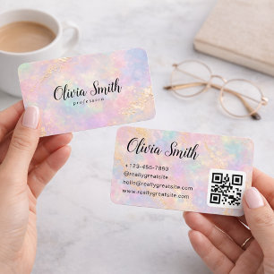 Pastel Marble Script Name and Gold Accents QR Code Business Card