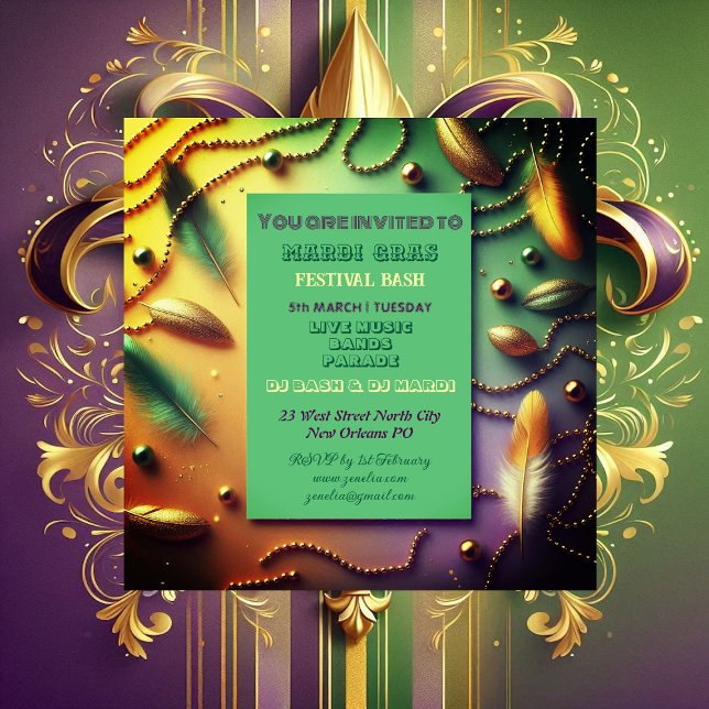 Pastel Mardi Gras Festival Bash Feather Beads Gold Invitation (Pastel Mardi Gras Festival Bash Feather Beads Gold Invitation)