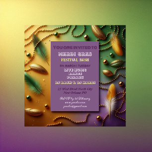 Pastel Mardi Gras Festival Bash Feather Beads Gold Invitation
